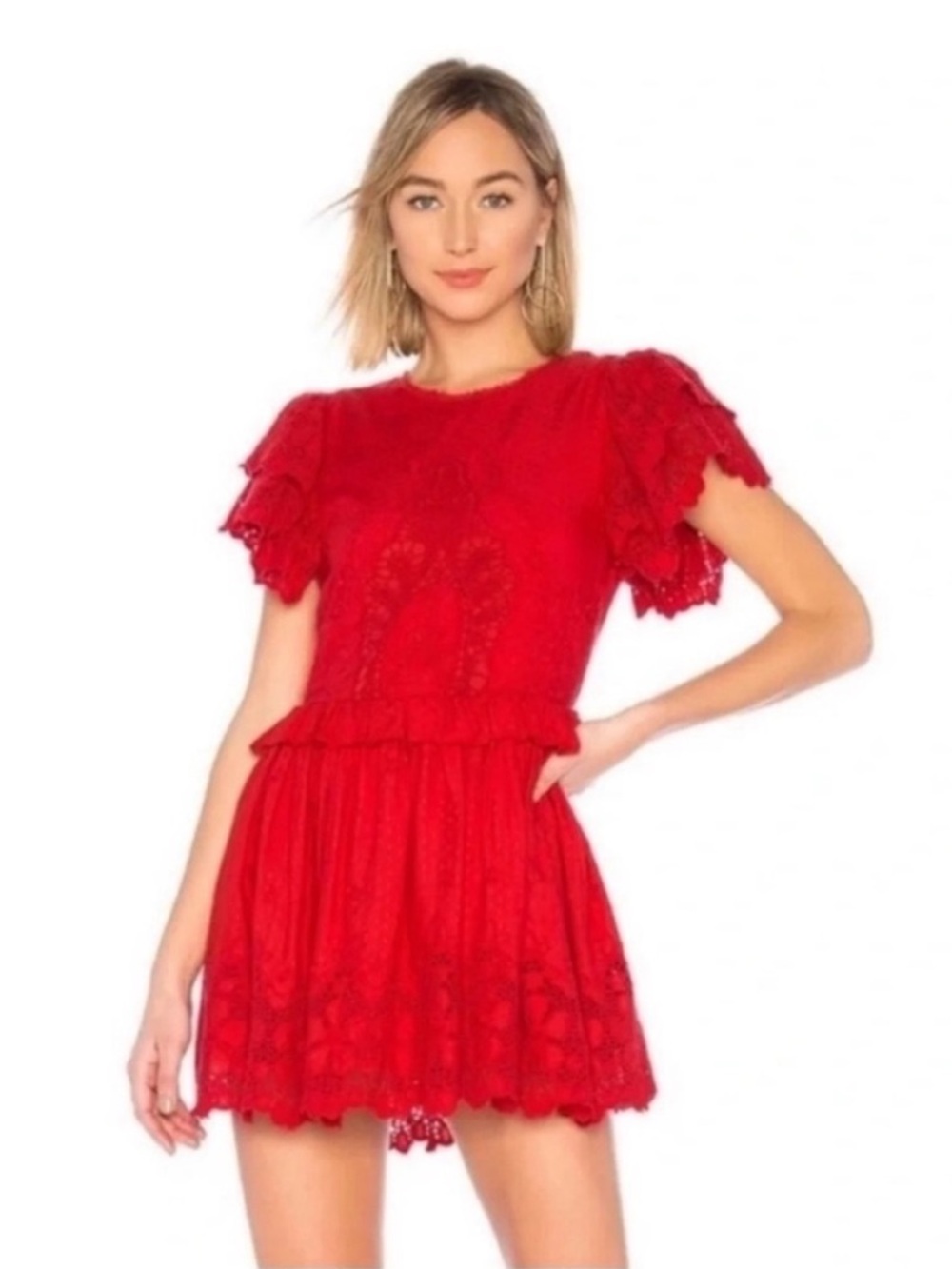 Tularosa Paula Lace Embroidered Ruffle Mini Dress Red